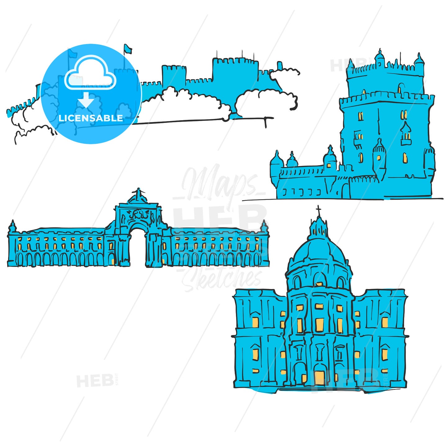 Lisbon, Portugal, Colored Landmarks – instant download