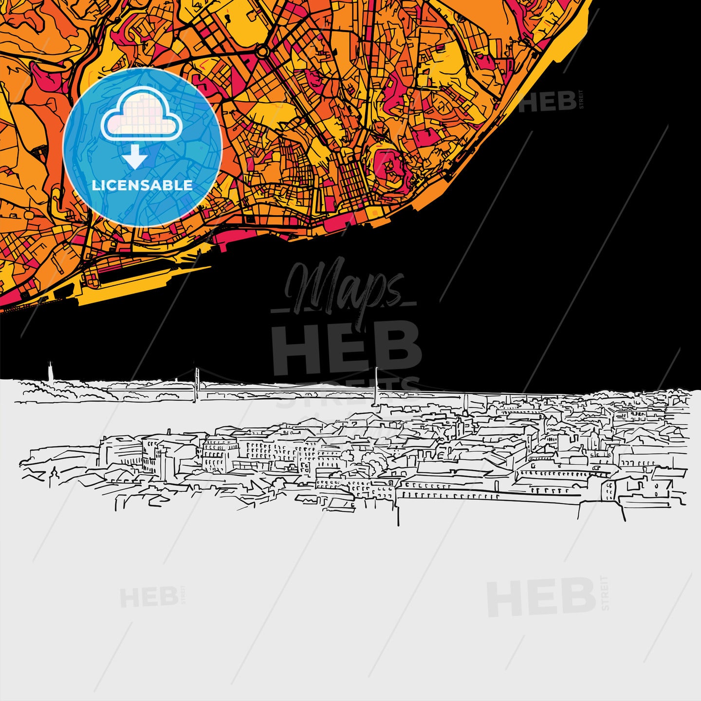 Lisbon, Portugal, Skyline Map