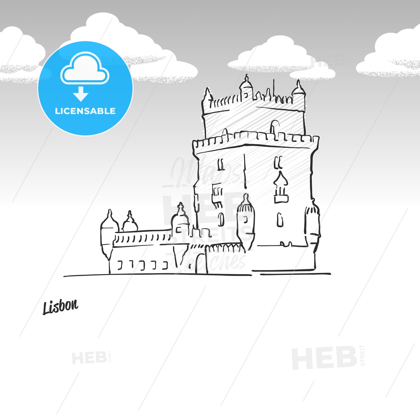 Lisbon, Portugal famous landmark sketch – instant download