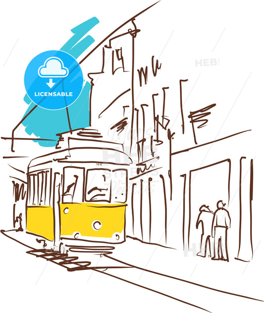 Lisbon City Tram Drawing Coloured Sketch