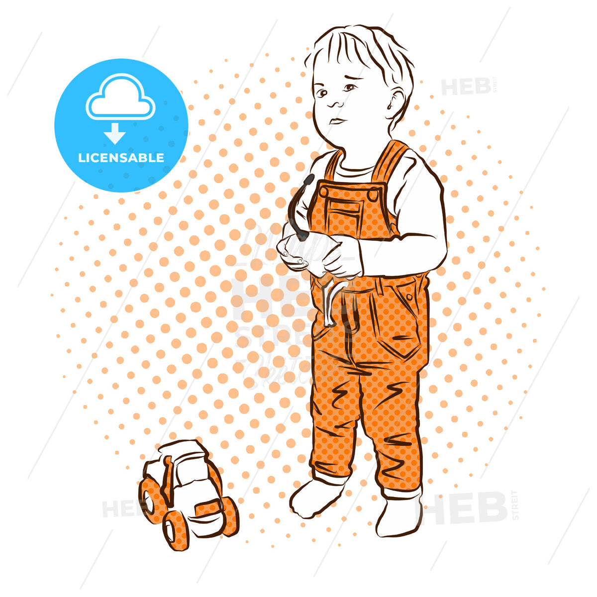 Little Boy Playing. Colorful Vector Vintage Artwork. – instant download