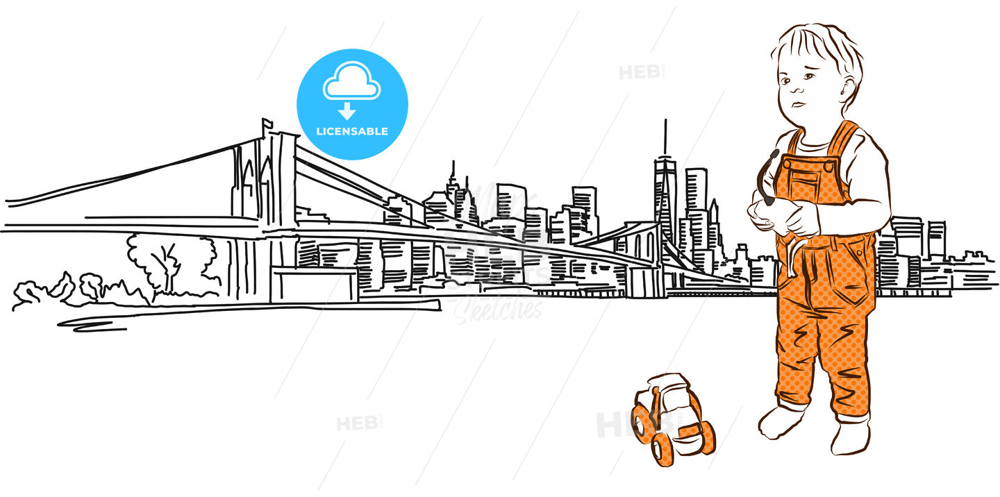 Little boy with tractor in Front of New York Panorama – instant download
