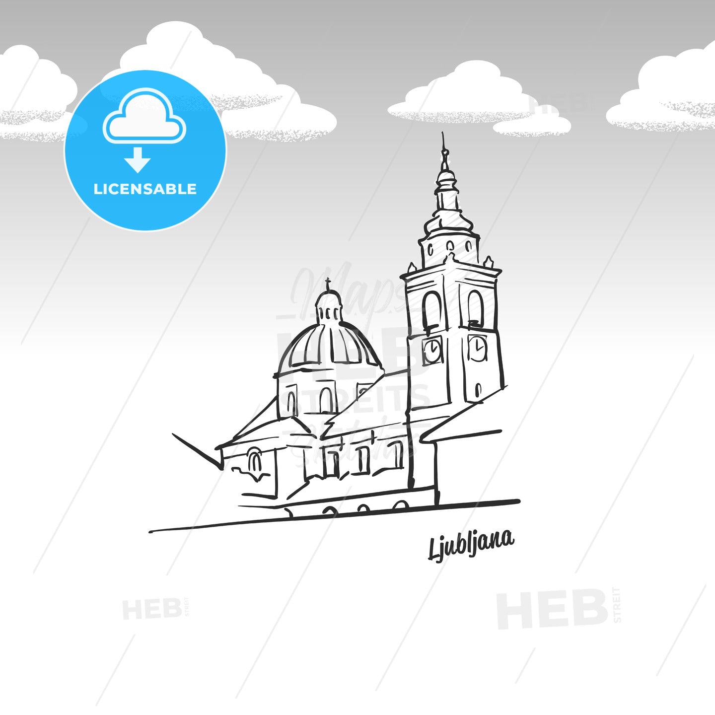 Ljubljana, Slovenia famous landmark sketch – instant download