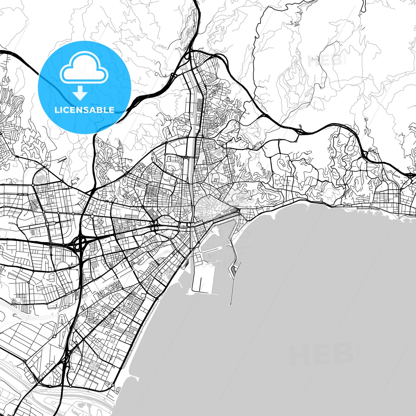 Málaga, Spain - downtown map, light
