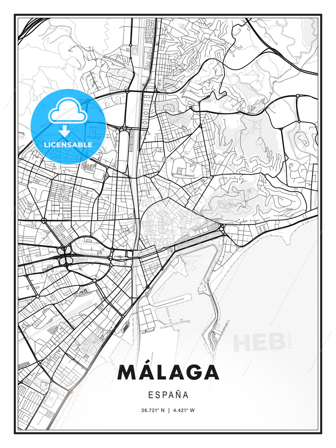 Málaga, Spain, Modern Print Template in Various Formats - HEBSTREITS Sketches