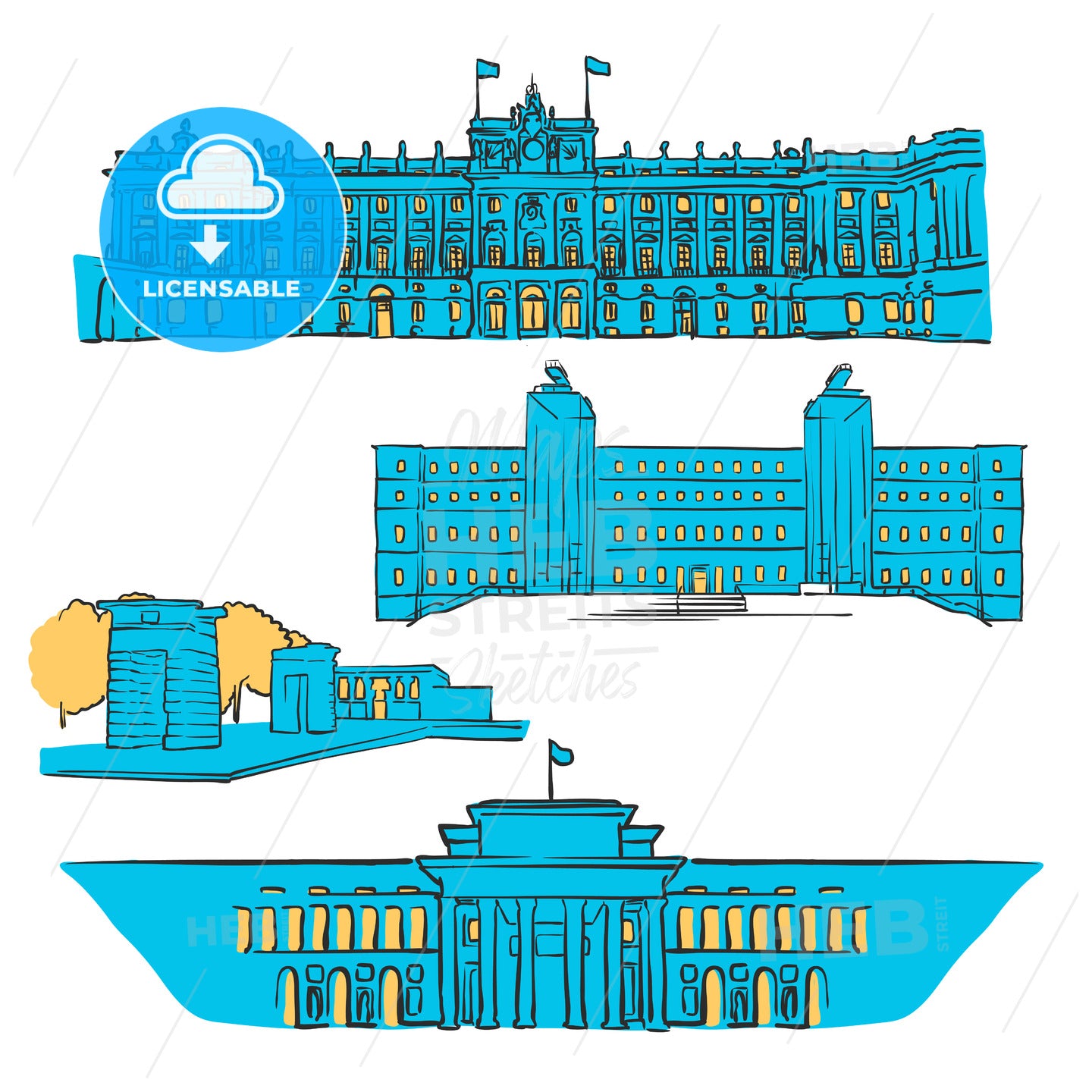 Madrid, Spain, Colored Landmarks – instant download