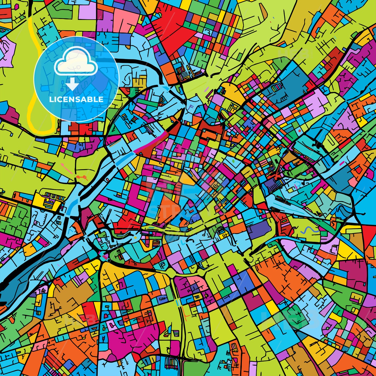 Manchaster, England, Colorful Vector Map on Black
