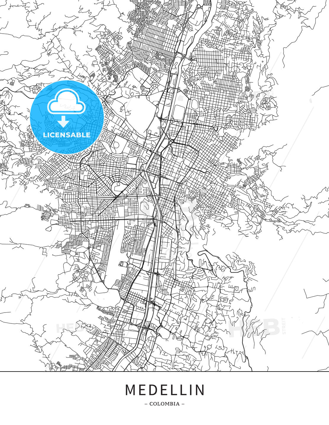 Medellin, Colombia, Map poster borderless print template - HEBSTREITS