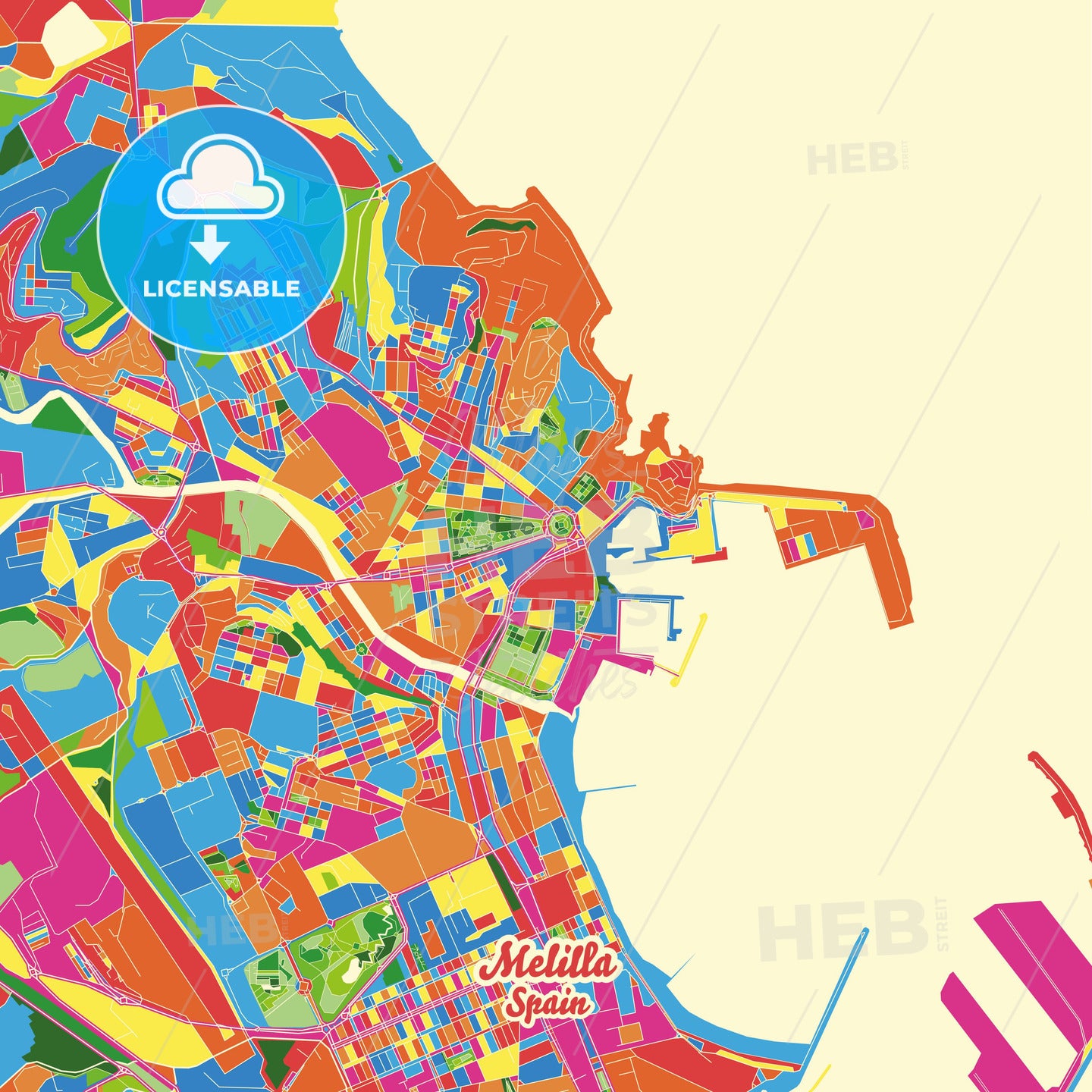 Melilla, Spain Crazy Colorful Street Map Poster Template - HEBSTREITS Sketches