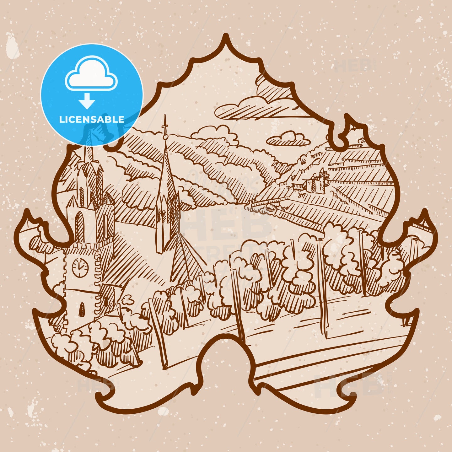 Monochrome Vineyard Landscape in Leaf – instant download