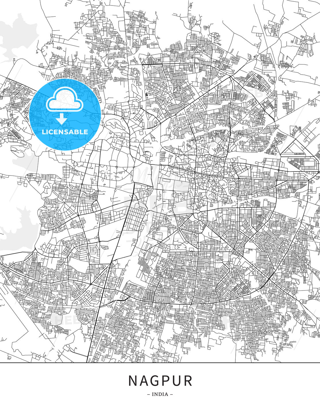 Nagpur, India, Map poster borderless print template - HEBSTREITS
