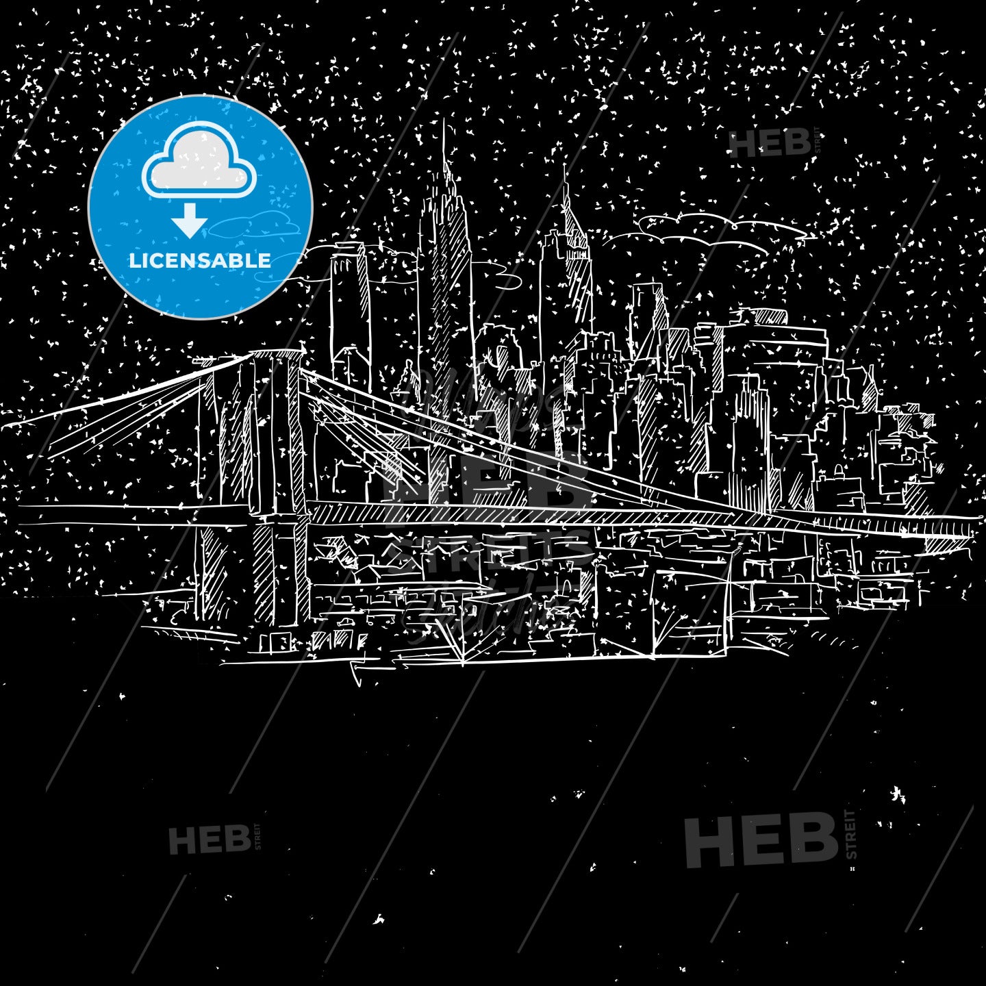 New York by Night with Brooklyn Bridge Sketch – instant download