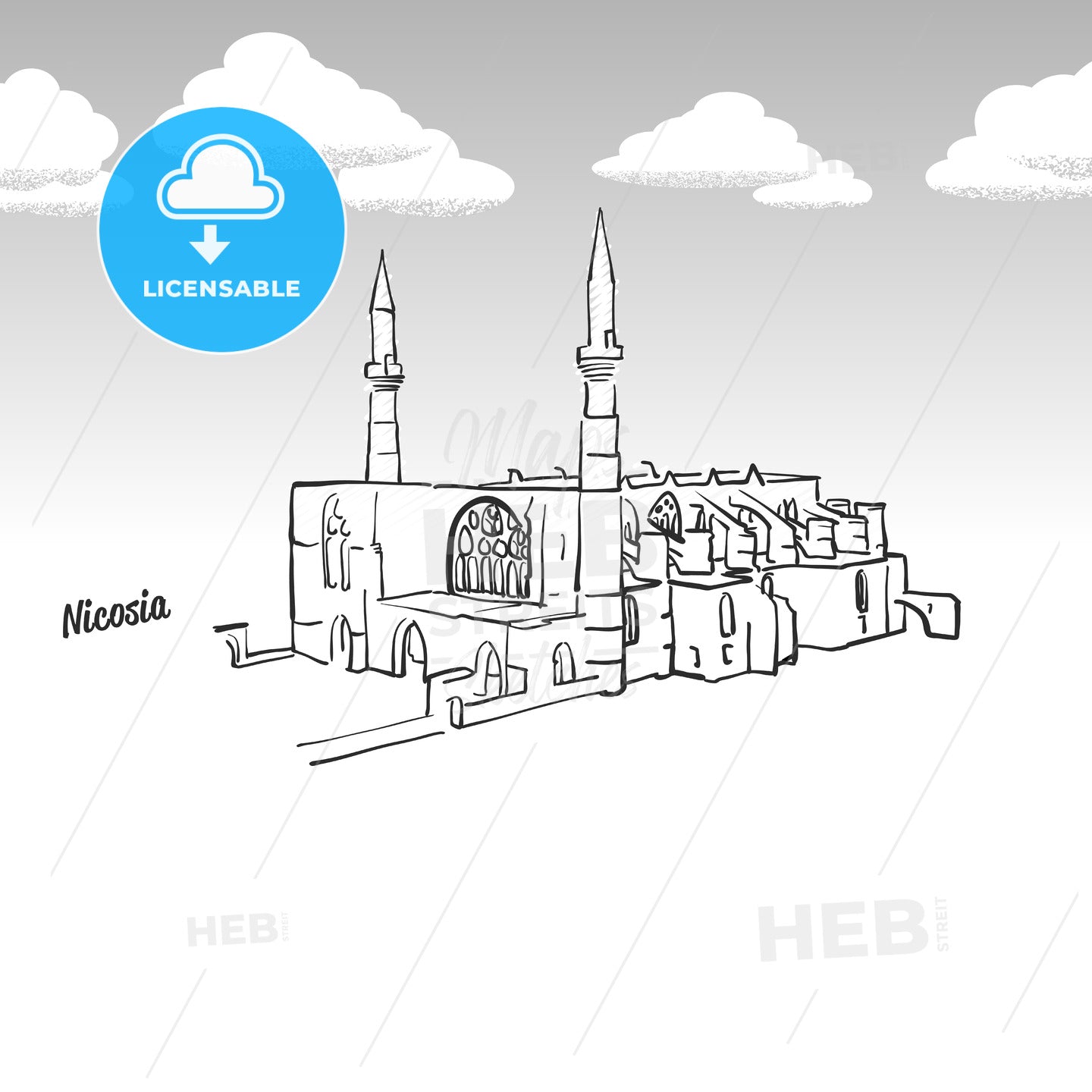 Nicosia, Cyprus famous landmark sketch – instant download