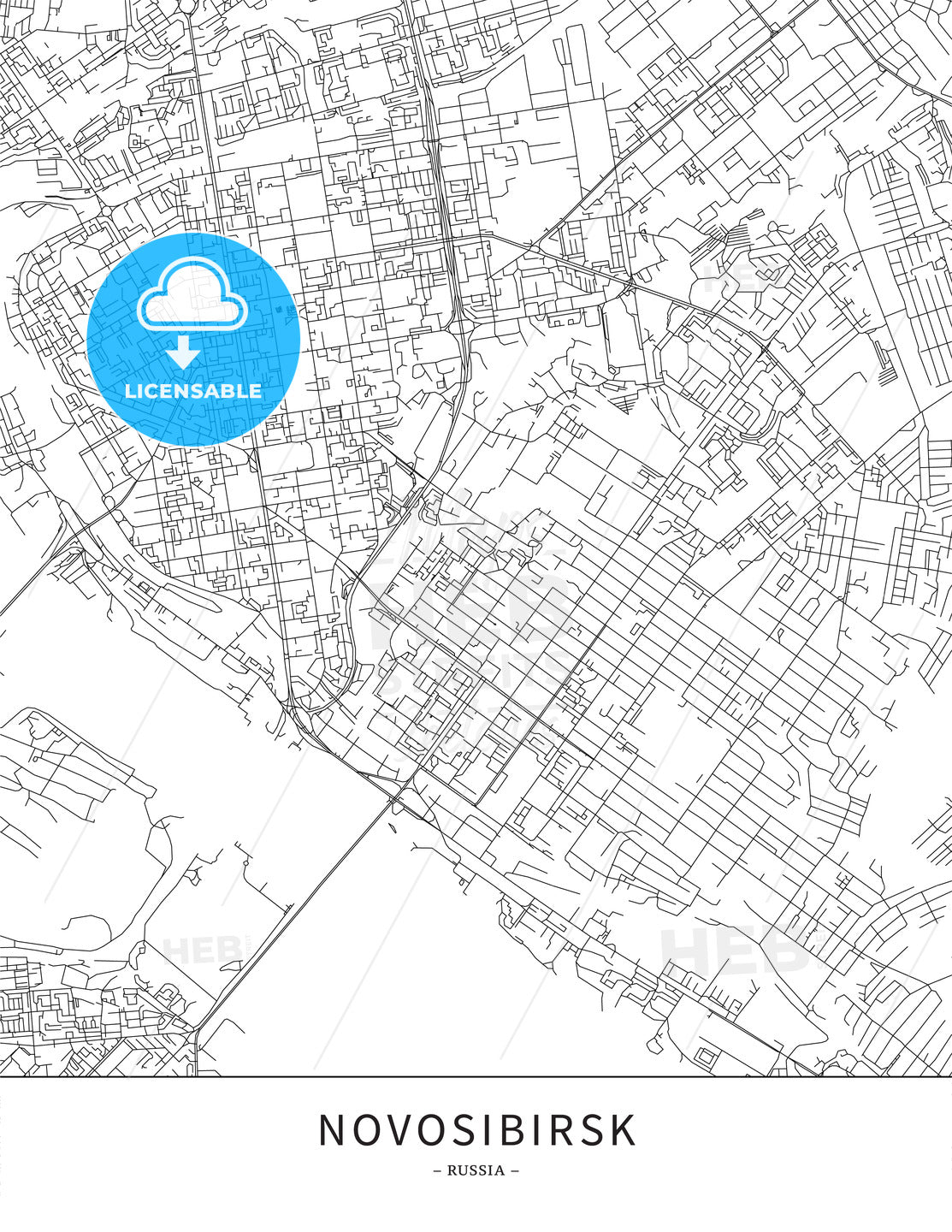 Novosibirsk, Russia, Map poster borderless print template - HEBSTREITS