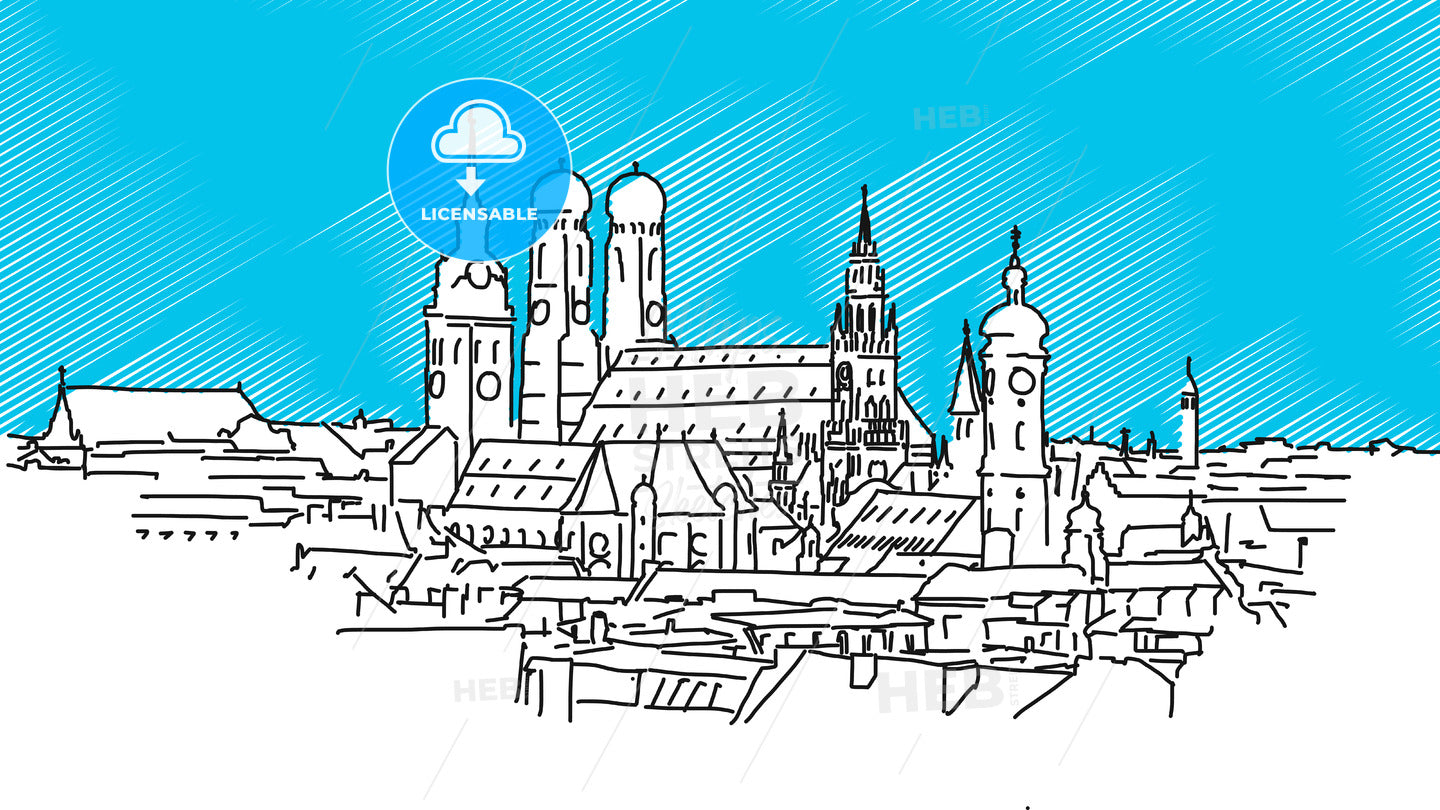 On the roofs of Munich, Vector Outline Sketch – instant download