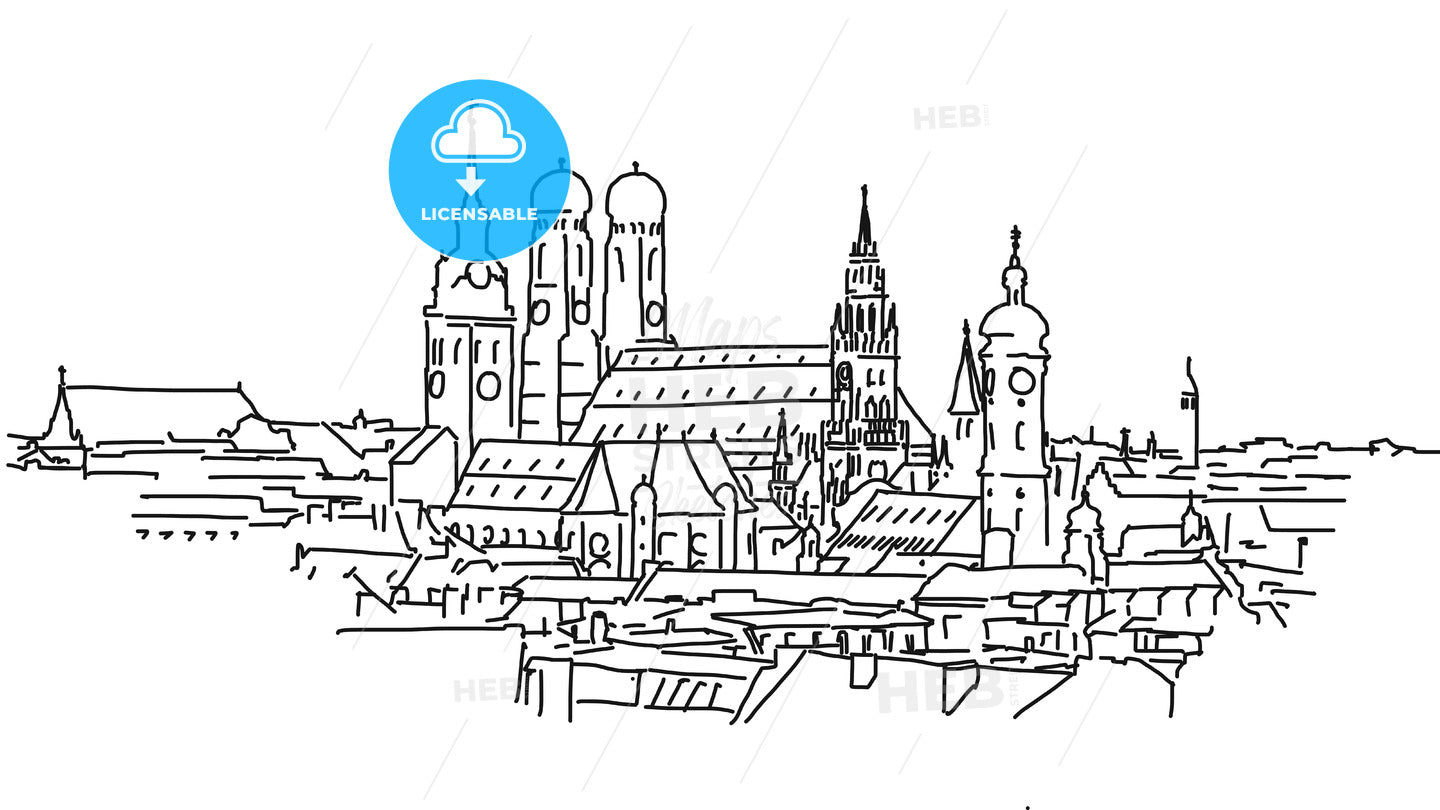 On the roofs of Munich, Vector Outline Sketch – instant download