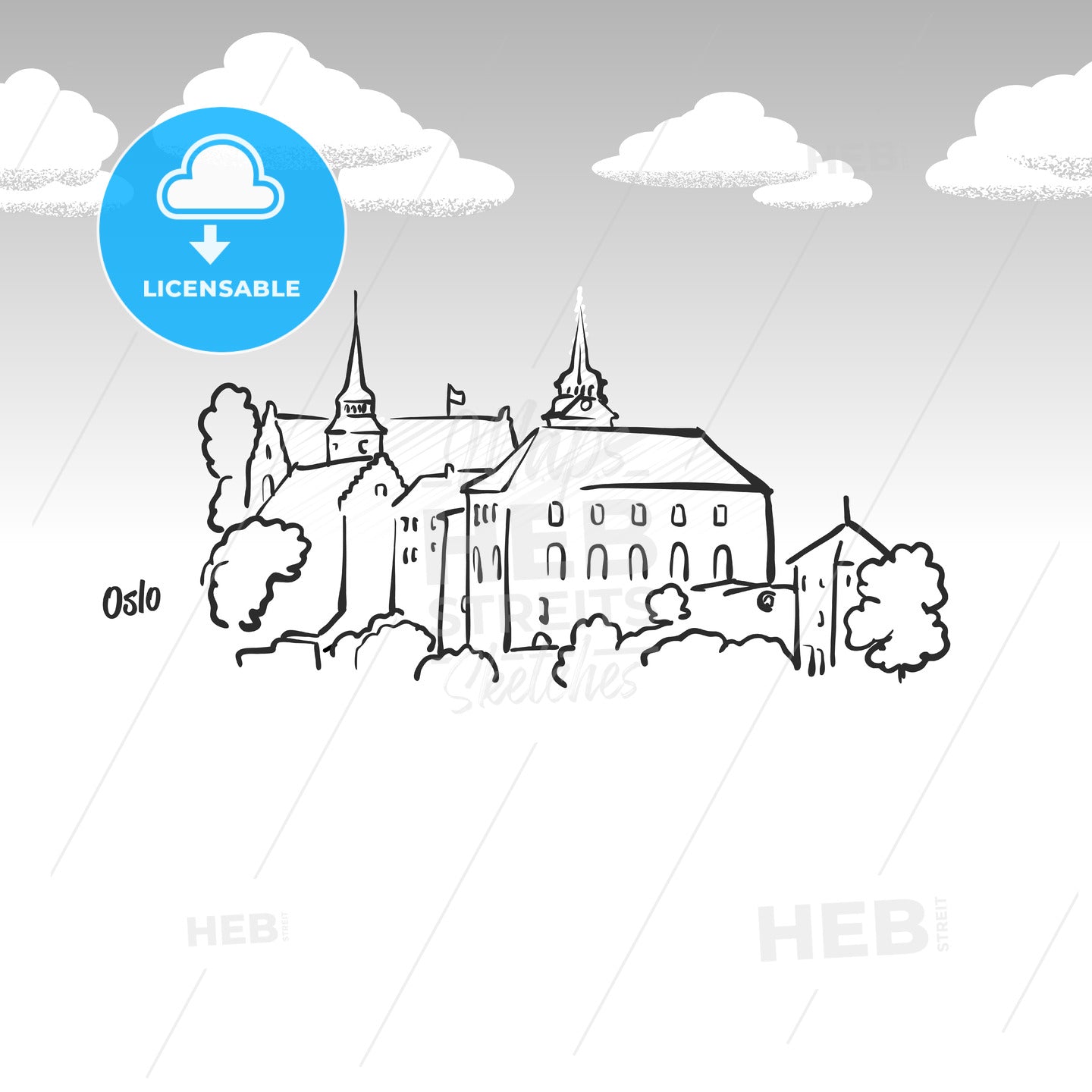 Oslo, Norway famous landmark sketch – instant download