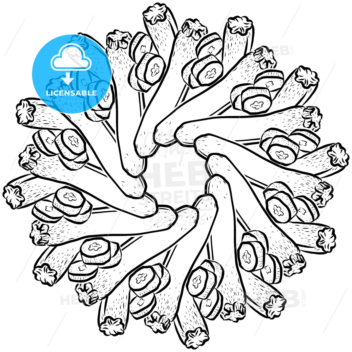 Outline sketch of Courgettes arranged in a circle – instant download