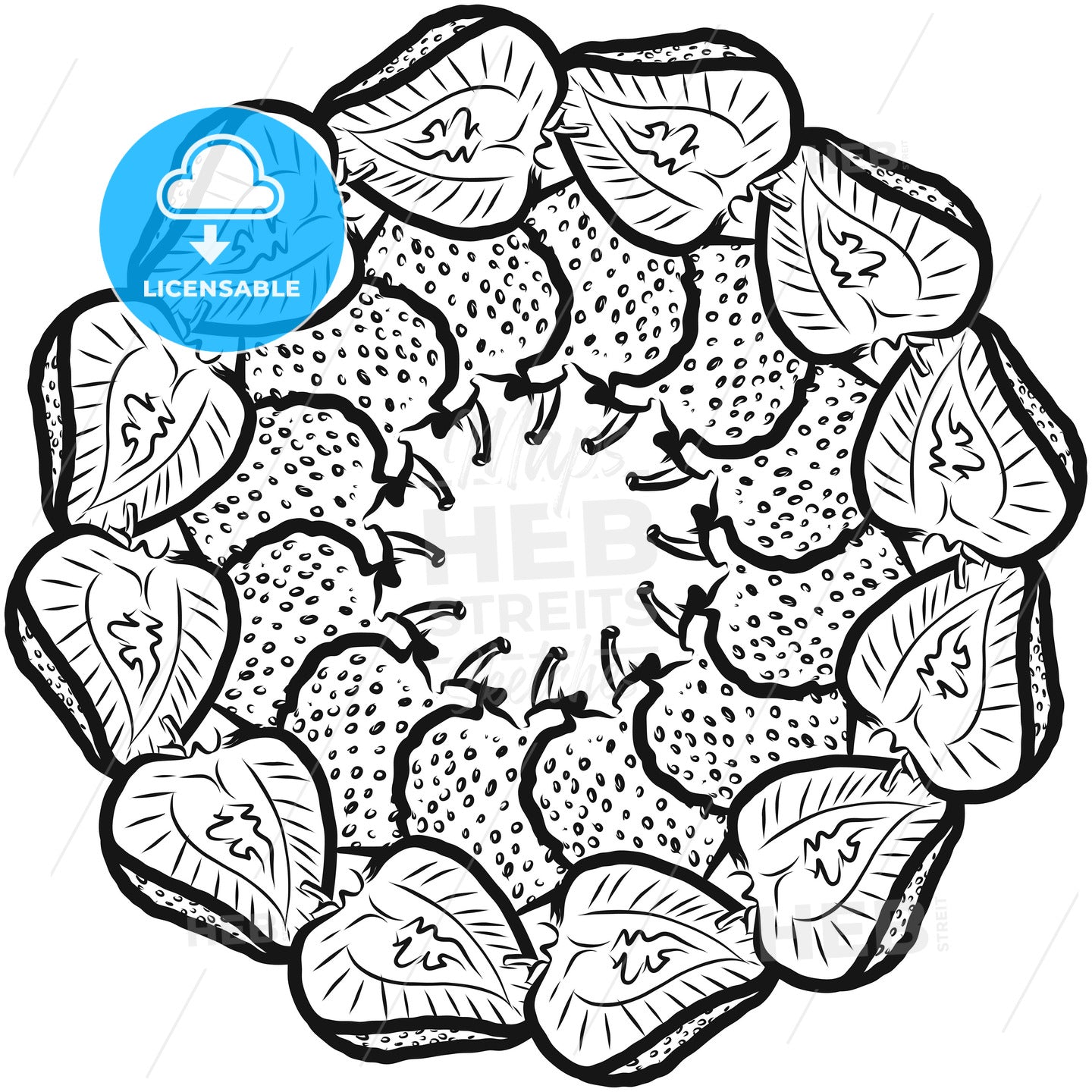 Outline sketch of strawberries arranged in a circle – instant download