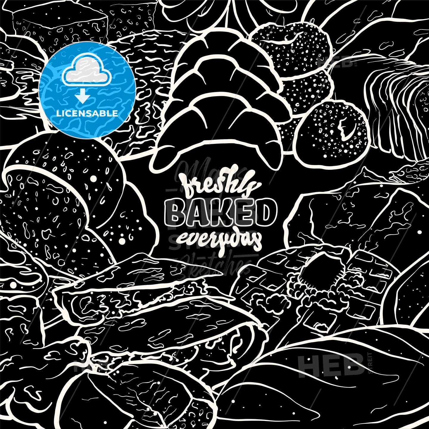 Outline version of Freshly baked everyday label with various types of bread on blackboard – instant download