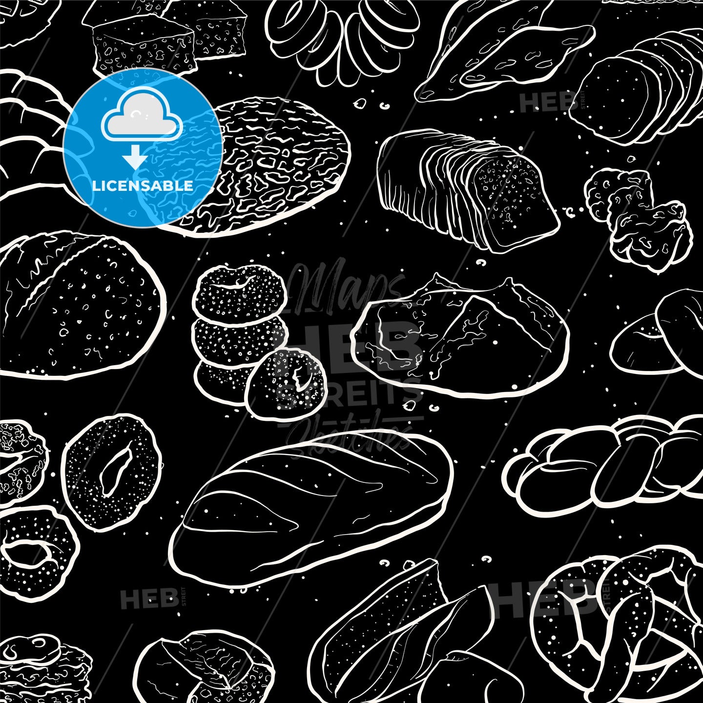 Outline version of Hand drawn sketch to a loosely arranged wallpaper bread types art on blackboard – instant download