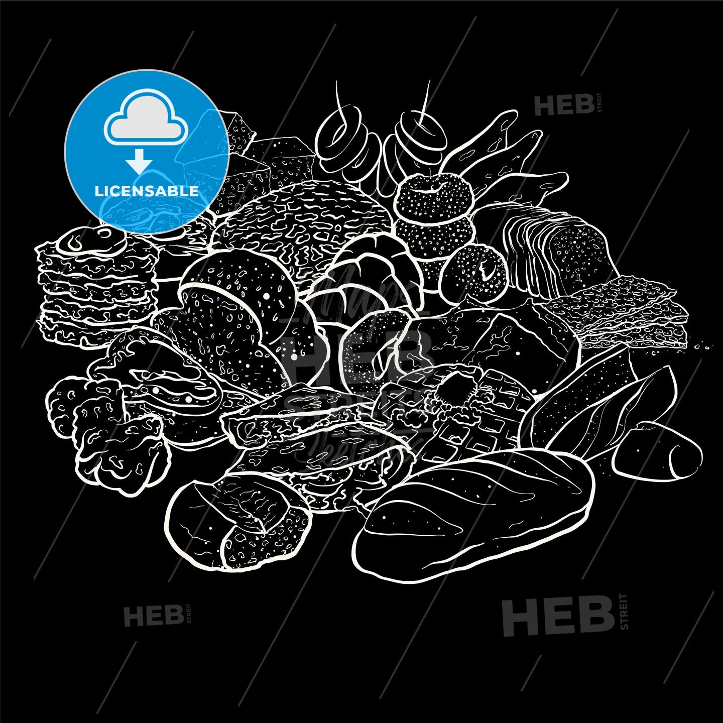 Outline version of Huge set of coloured sketches of bakery products on blackboard – instant download