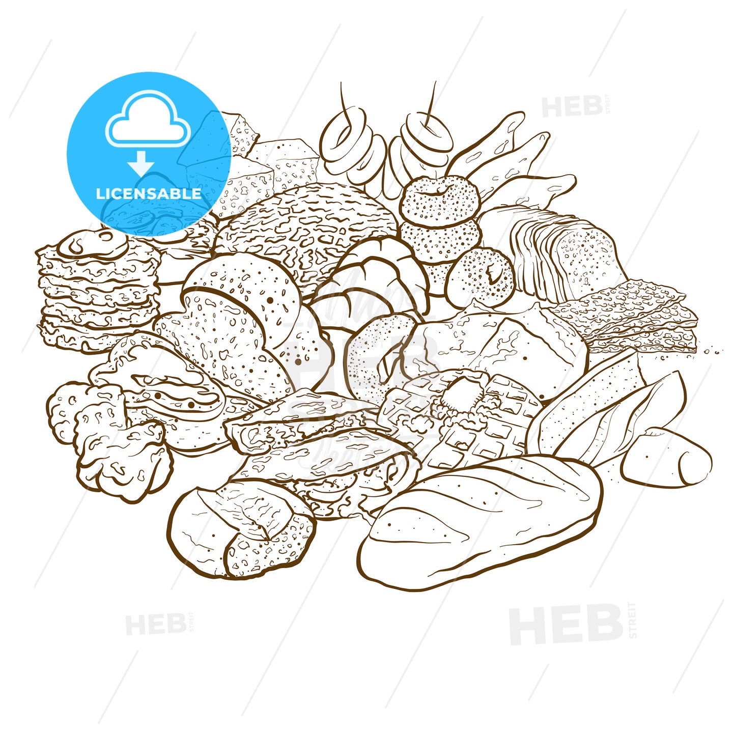 Outline version of Huge set of coloured sketches of bakery products – instant download