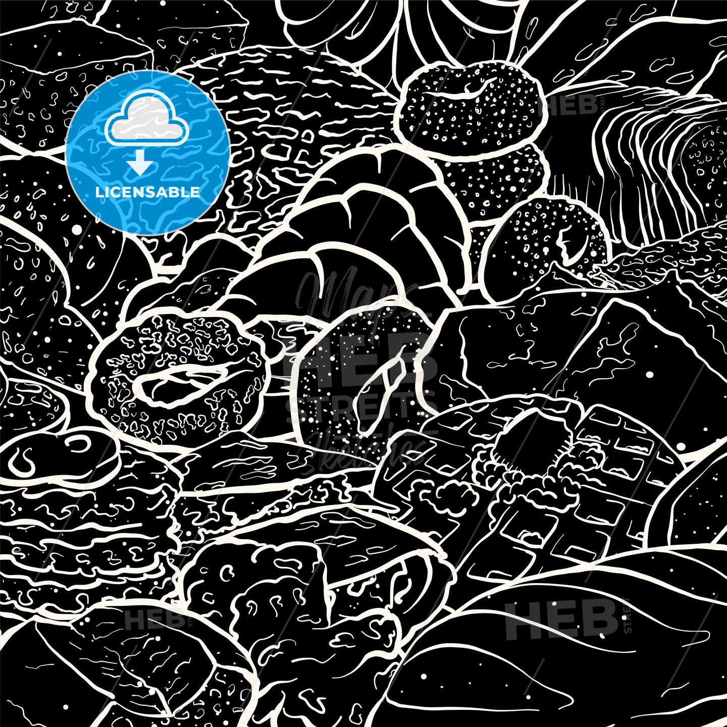 Outline version of Very detailed vector sketch of a composition with different types of bread on blackboard – instant download