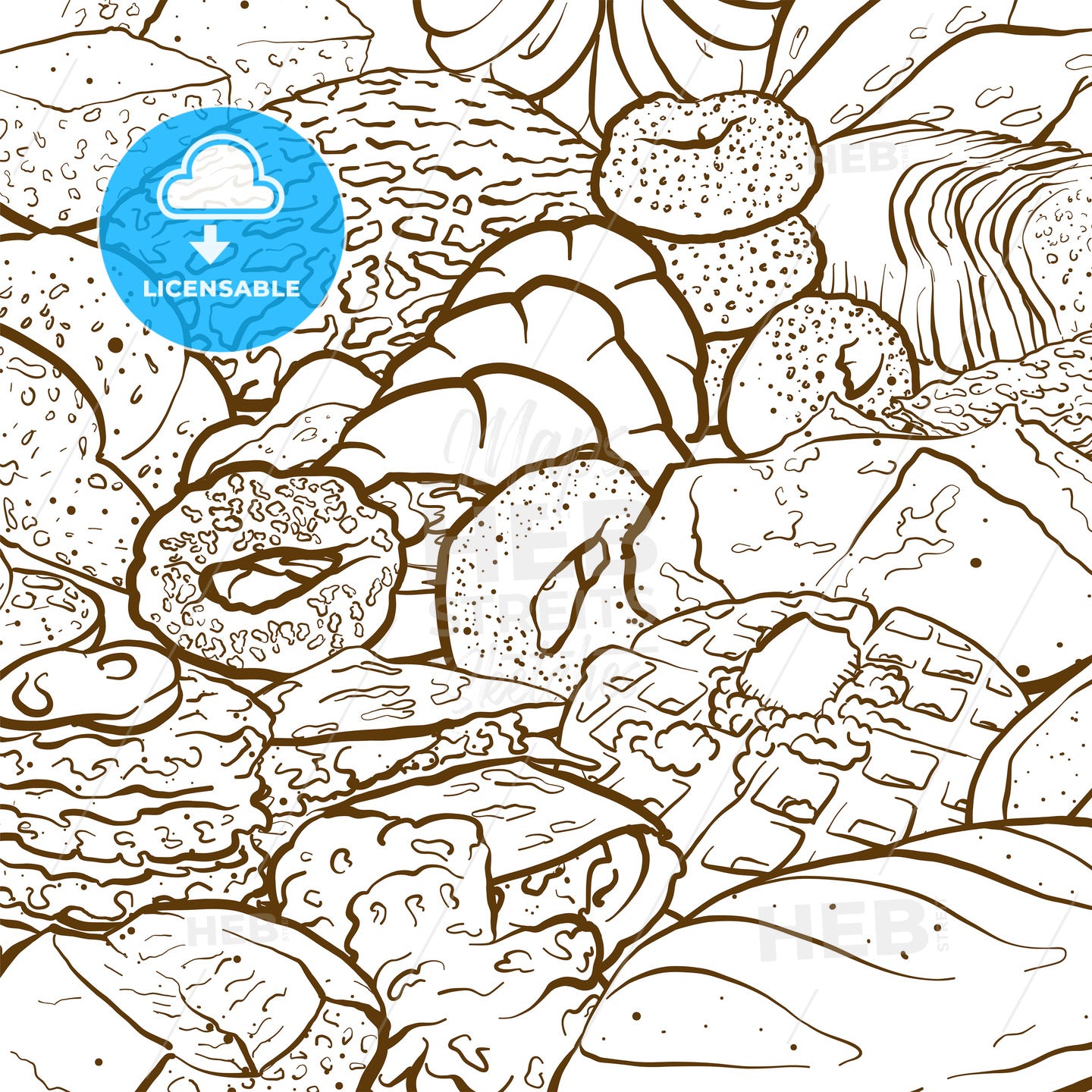 Outline version of Very detailed vector sketch of a composition with different types of bread – instant download