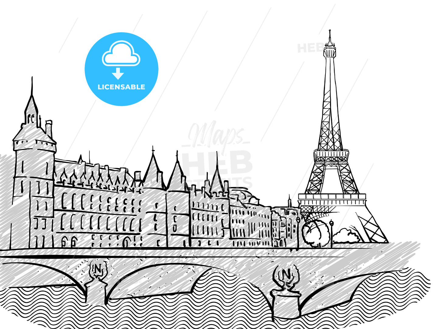 Paris, France famous Travel Sketch – instant download