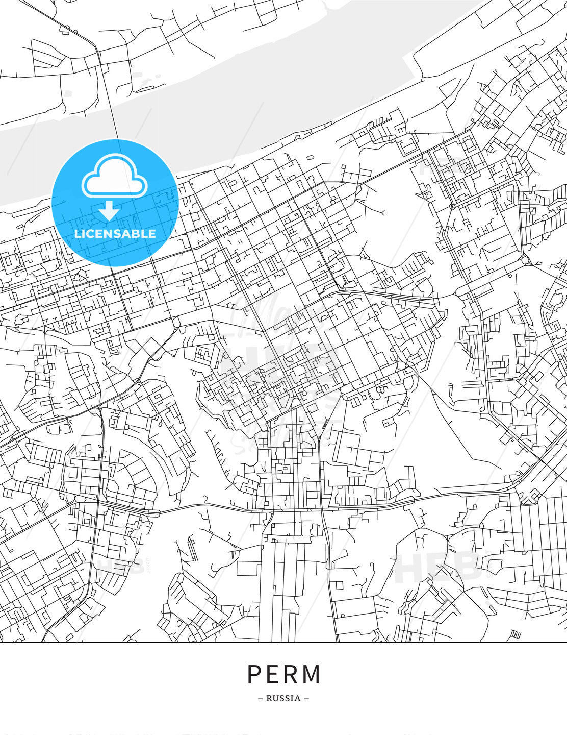 Perm, Russia, Map poster borderless print template - HEBSTREITS
