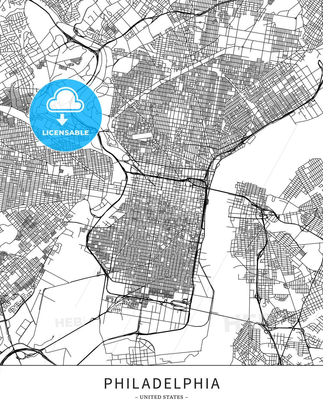 Philadelphia, United States, Map poster borderless print template - HEBSTREITS