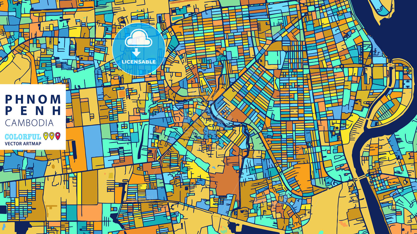 Phnom Penh, Cambodia, Colorful Vector Artmap