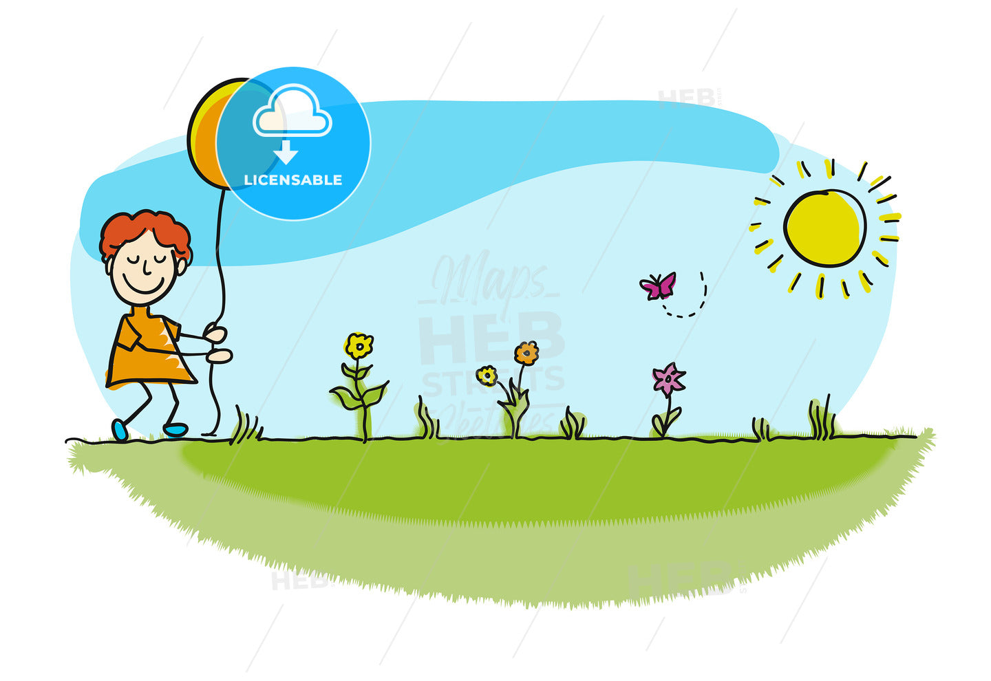 Pretty stickman boy walking with balloon – instant download