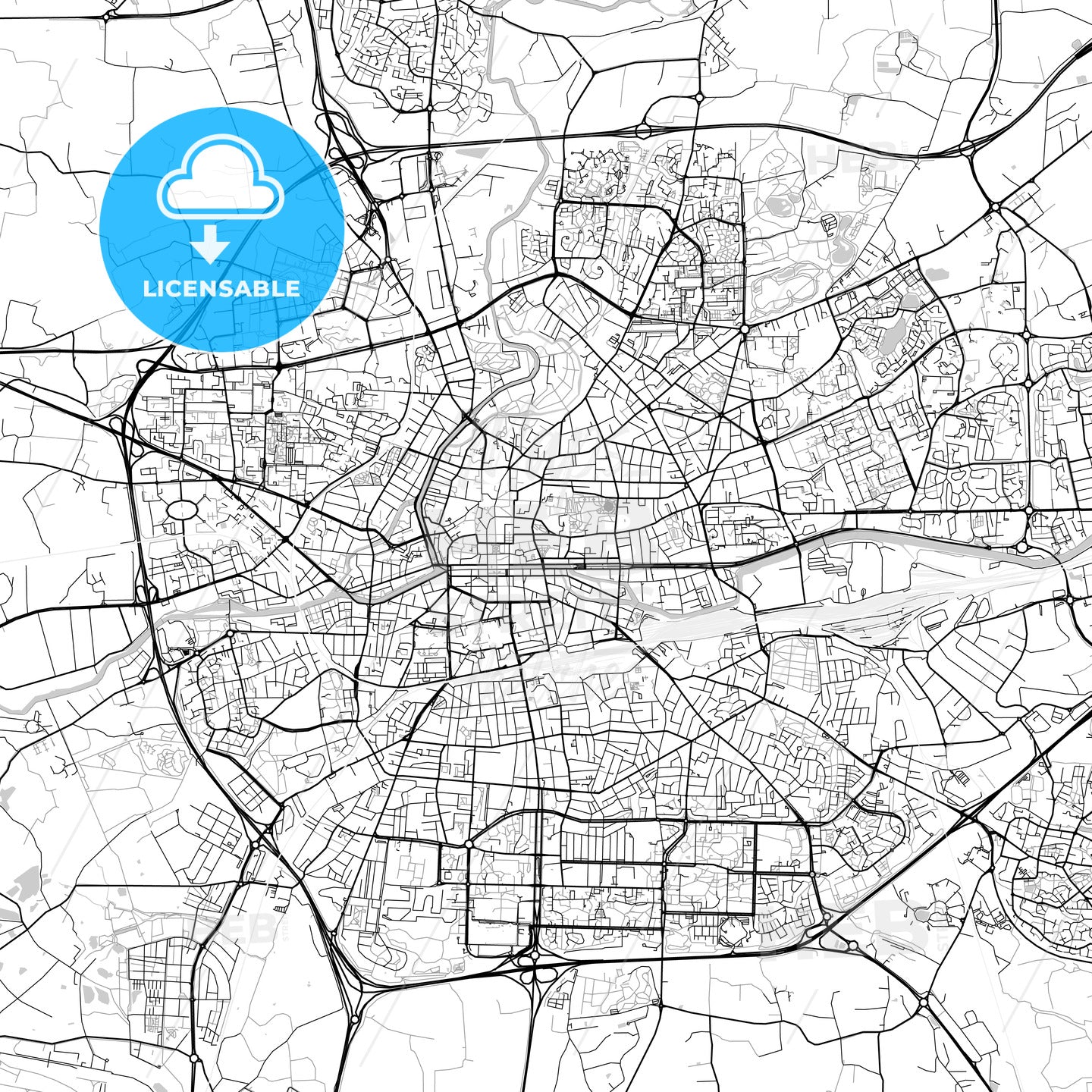 Rennes, Ille-et-Vilaine, downtown map, light
