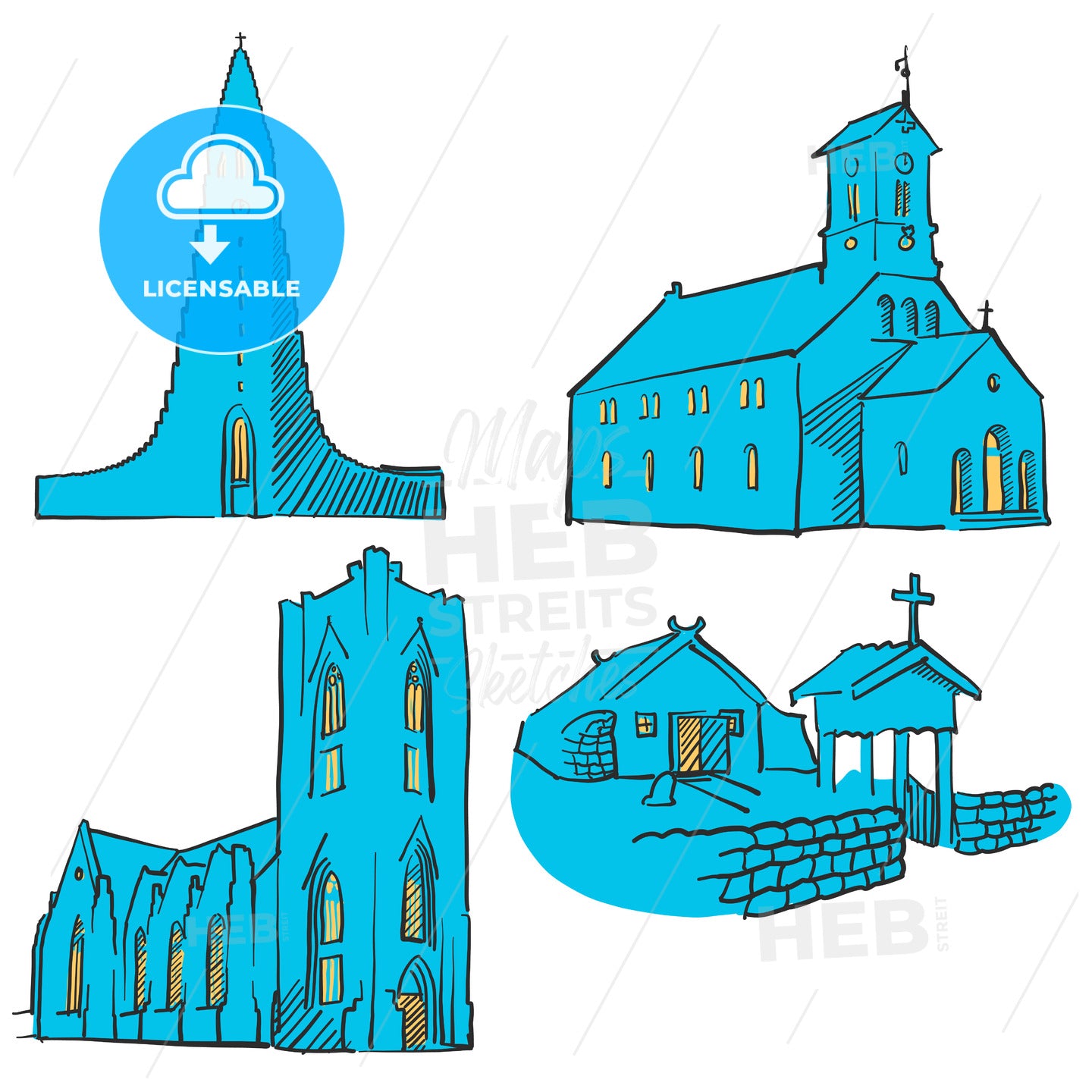 Reykjavik Iceland Colored Landmarks – instant download