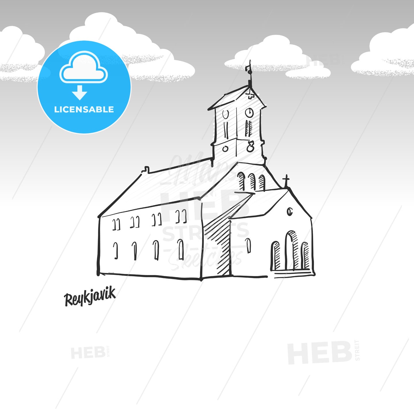 Reykjavik, Iceland famous landmark sketch – instant download