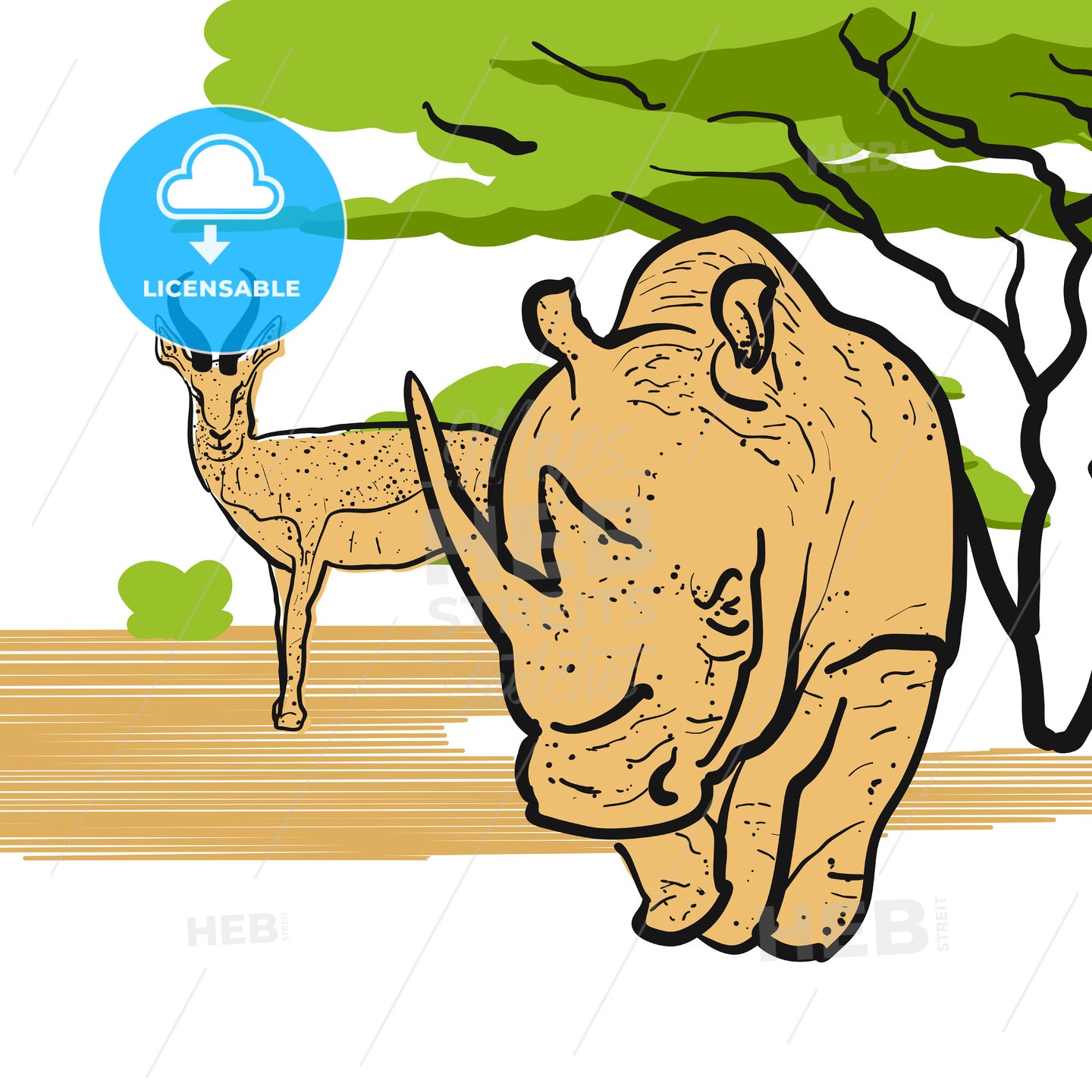 Rhino and Antelpoe in savannah – instant download