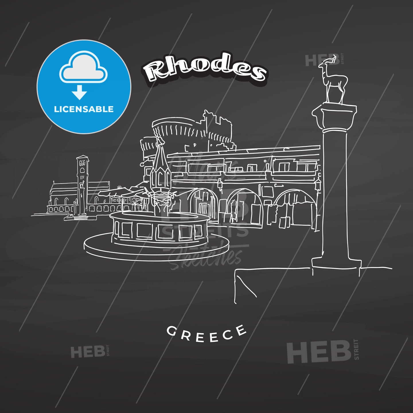 Rhodes Greece landmarks on blackboard – instant download