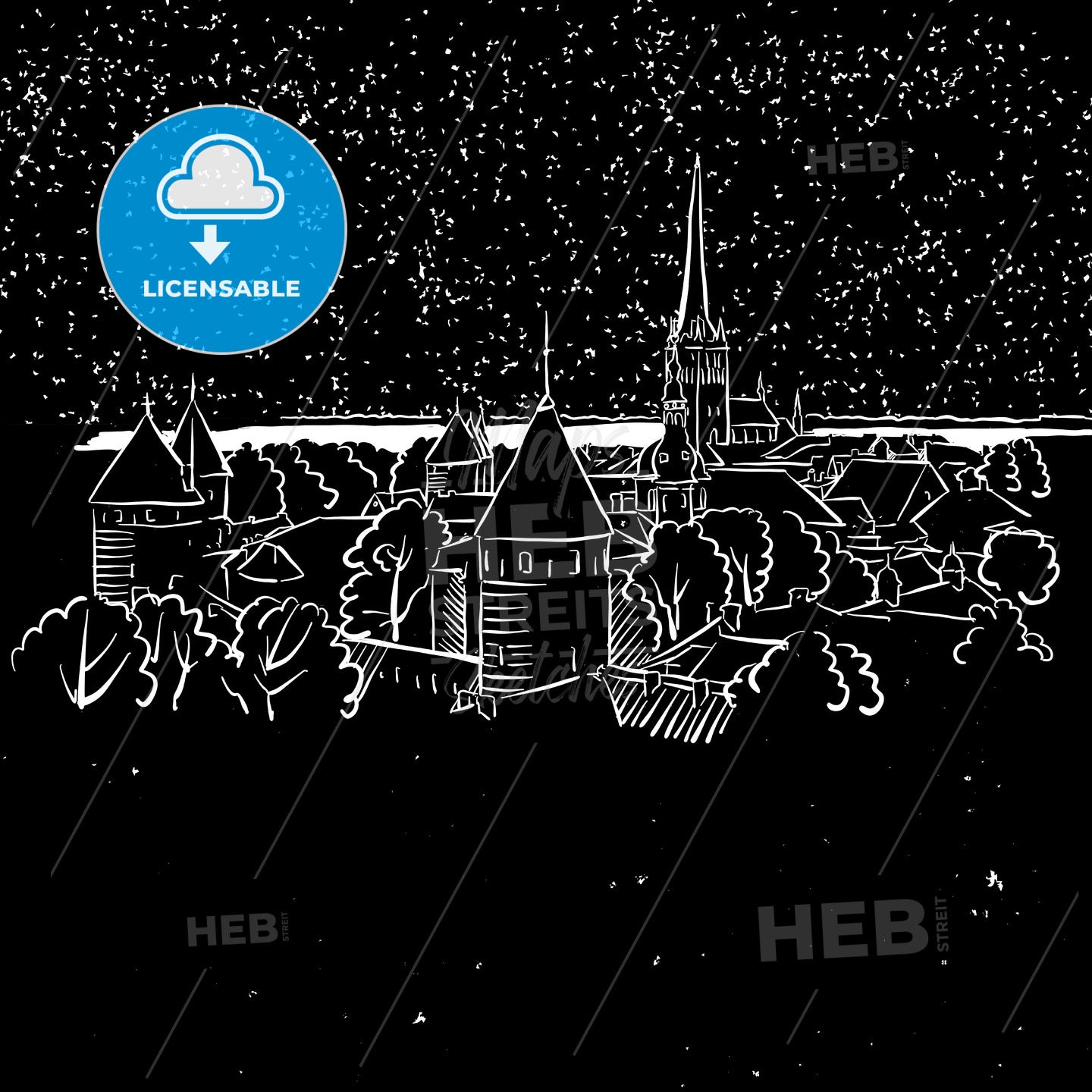 Riga at Night, Skyline Panorama Sketch – instant download