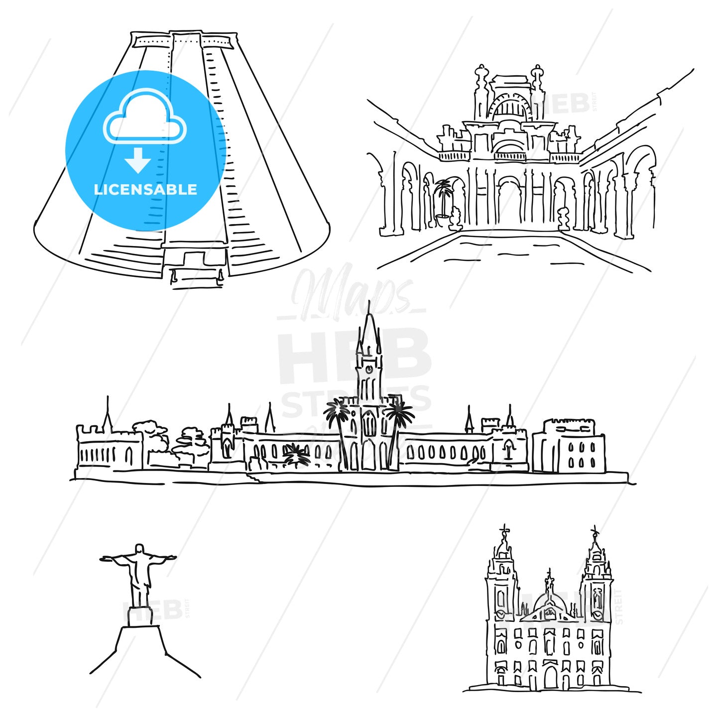 Rio de Janeiro famous architecture drawings – instant download