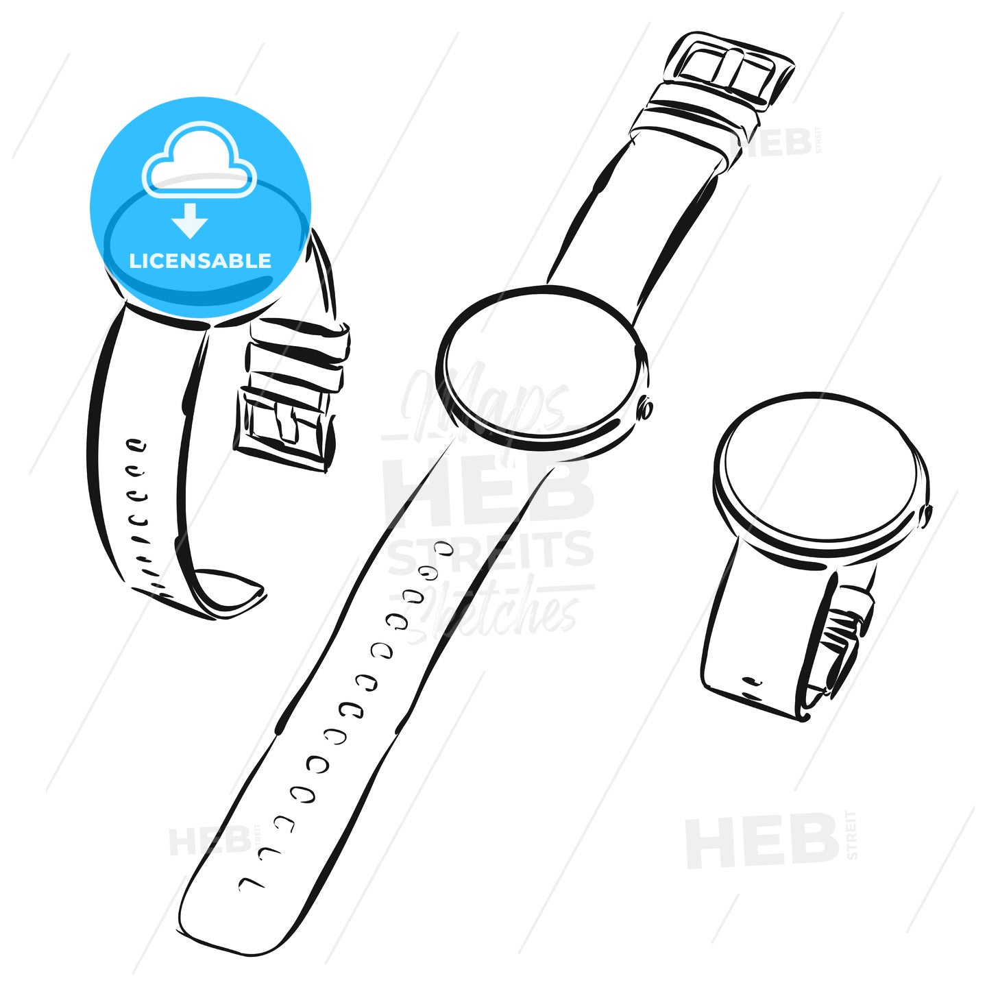 Round digital Watch in three variations, Vector Sketch – instant download