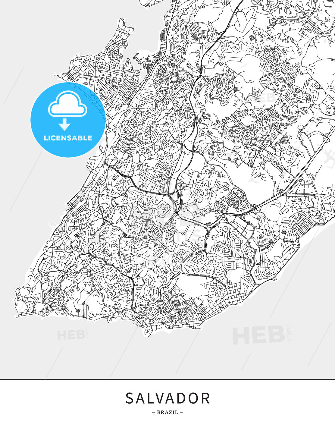Salvador, Brazil, Map poster borderless print template - HEBSTREITS