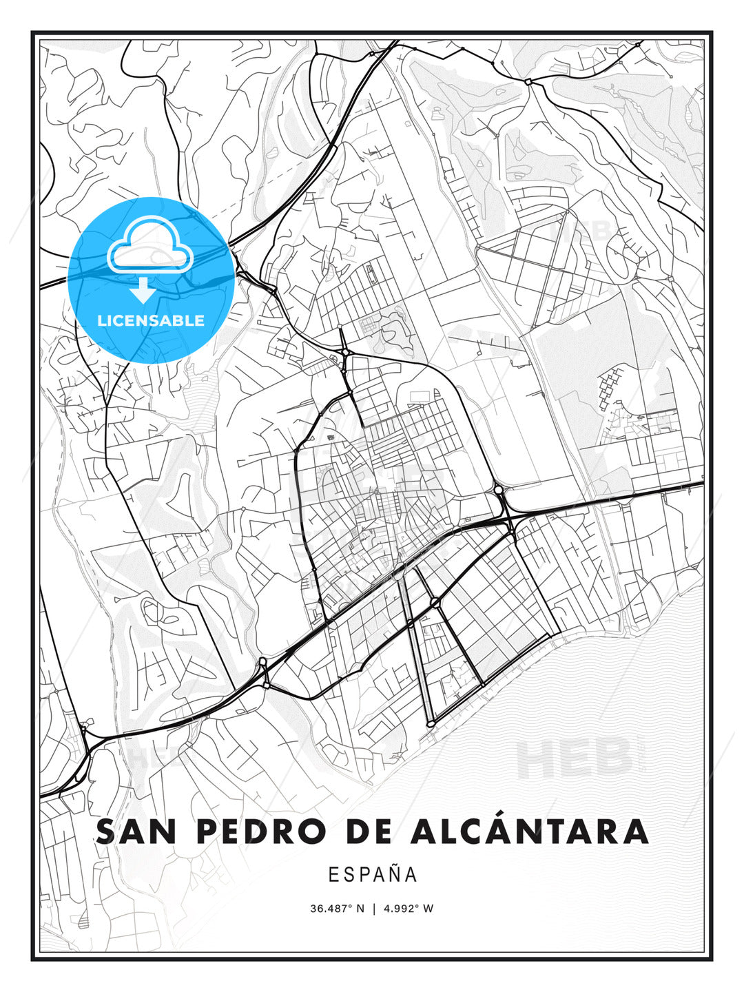 San Pedro de Alcántara, Spain, Modern Print Template in Various Formats - HEBSTREITS Sketches
