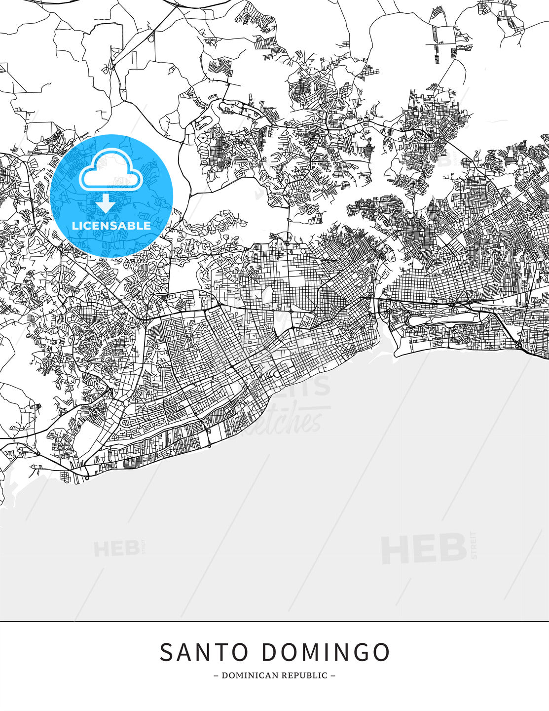 Santo Domingo, Dominican Republic, Map poster borderless print template - HEBSTREITS