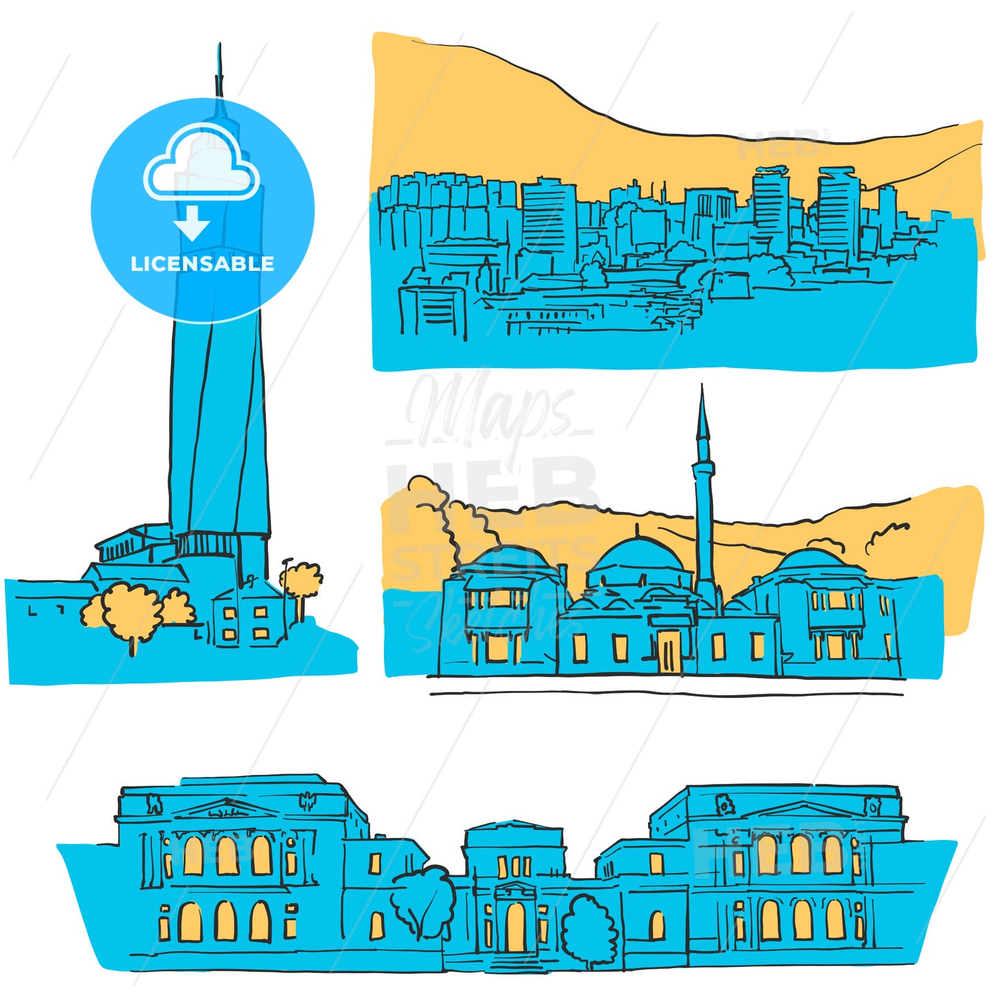 Sarajevo Bosnia and Herzegovina Colored Landmarks – instant download