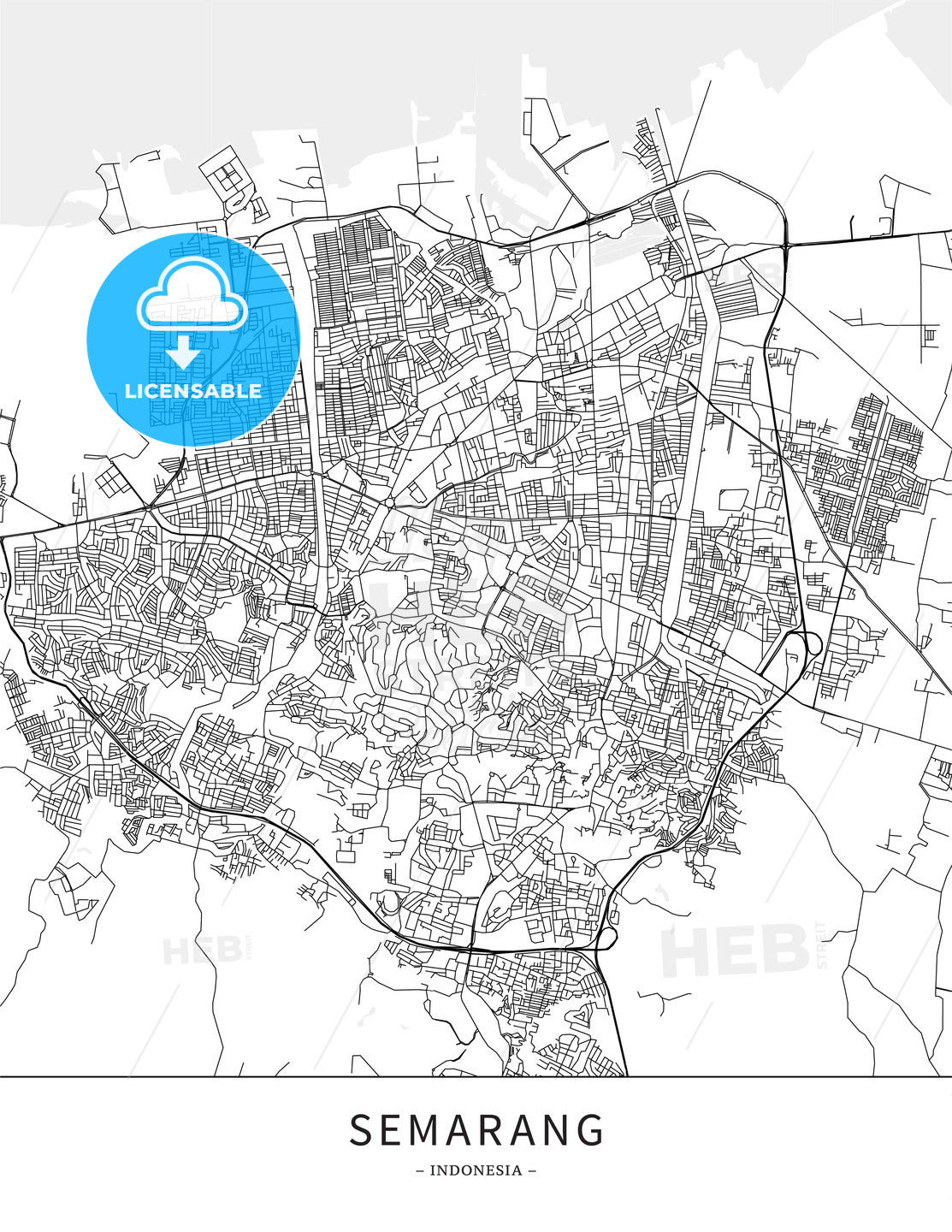 Semarang, Indonesia, Map poster borderless print template - HEBSTREITS