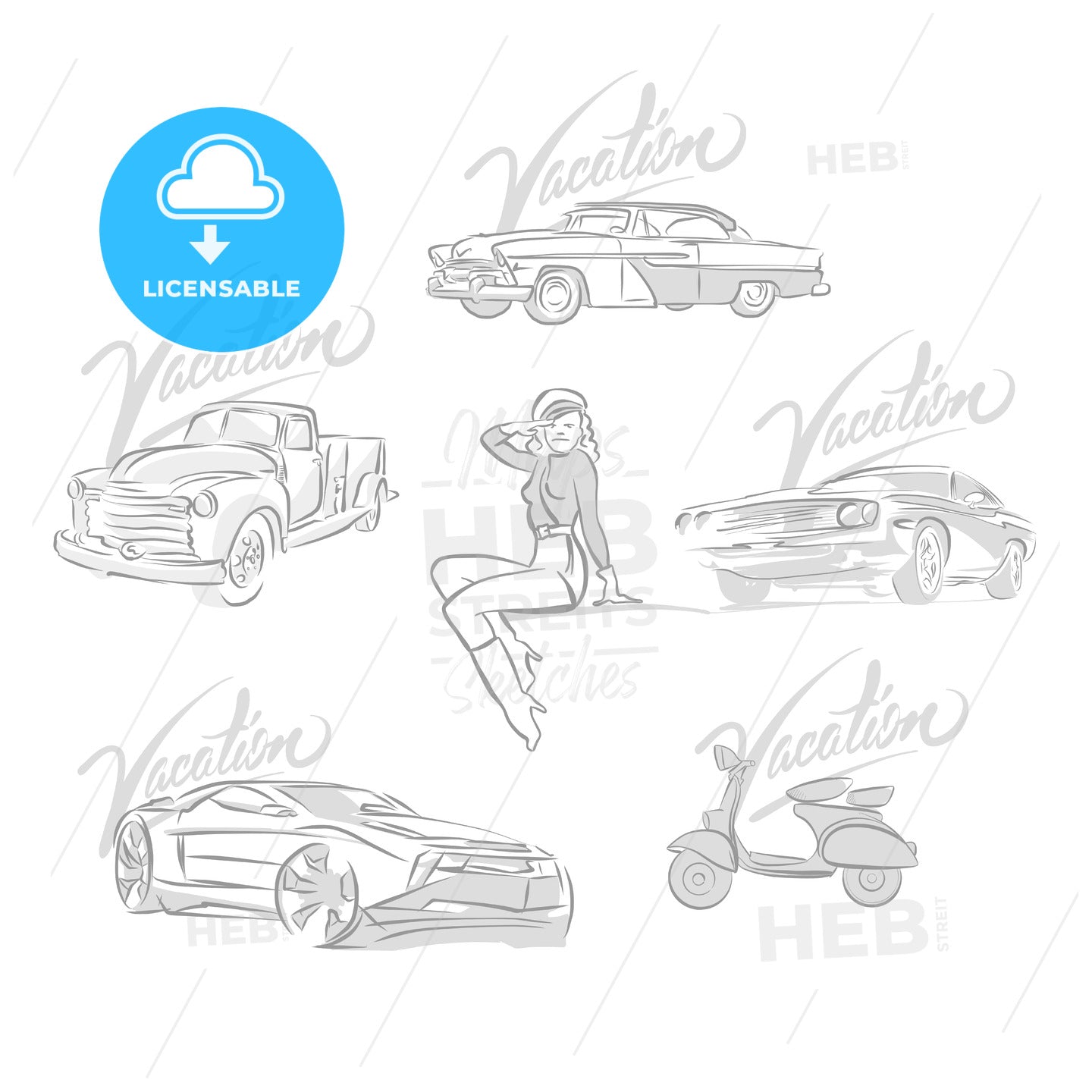Set of vintage and modern cars drawings – instant download