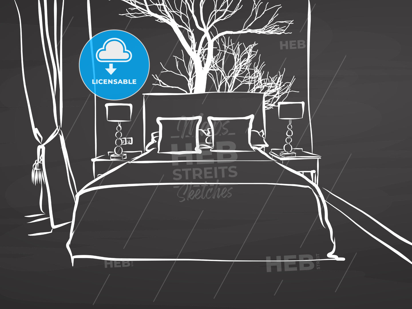 Sketched hotel room on chalkboard – instant download