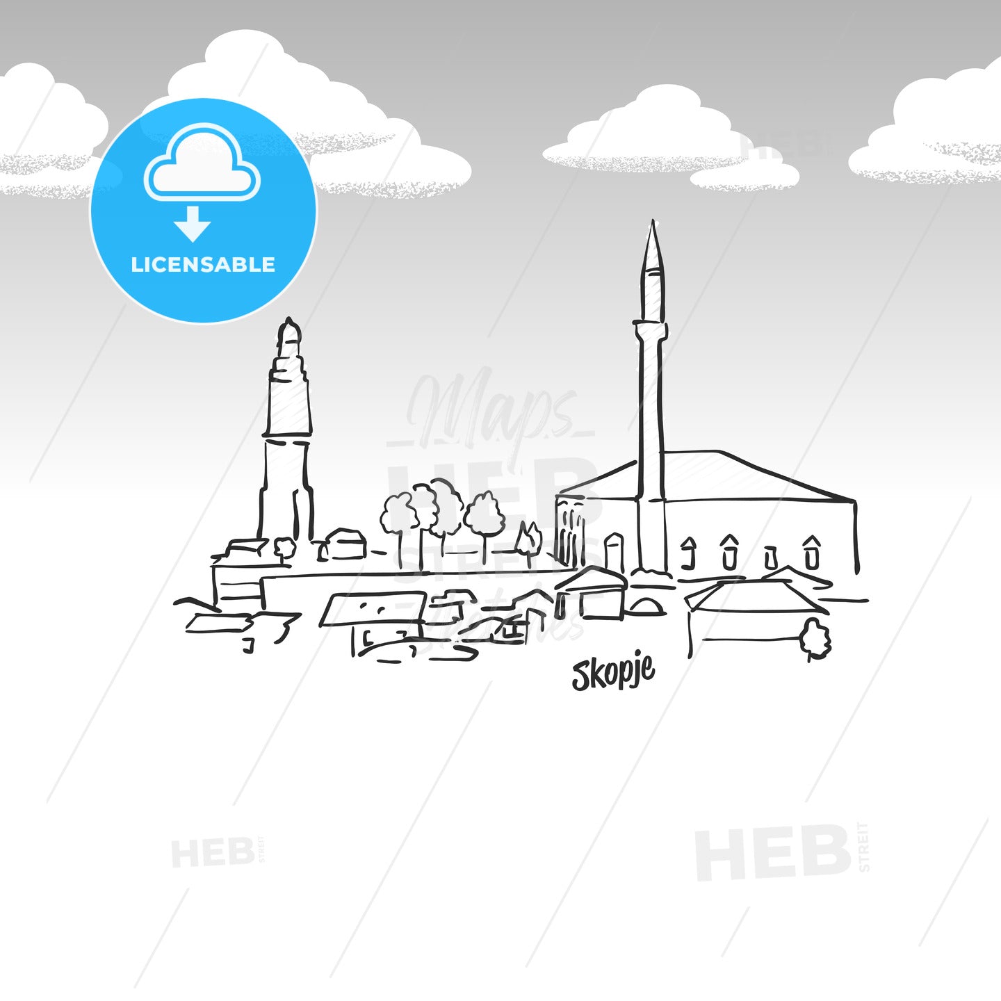 Skopje, Macedonia famous landmark sketch – instant download